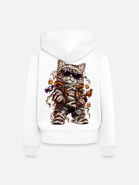 Halloween Mumienkatze mit Süßkram - Frauen Premium Bio Zip Hoodie - Weiß