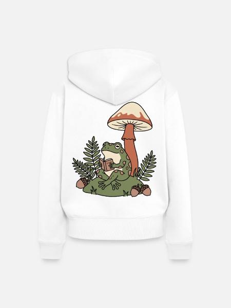 Pilzfrosch liest unter einer Pilzlampe - Frauen Premium Bio Zip Hoodie - Weiß