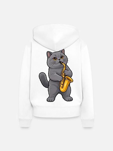 Britisch Kurzhaar mit Saxophon - Frauen Premium Bio Zip Hoodie - Weiß