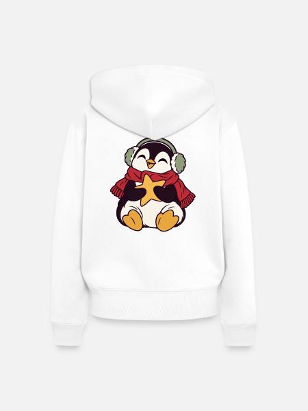 Winterpinguin mit Stern und Kopfhörern - Frauen Premium Bio Zip Hoodie - Weiß