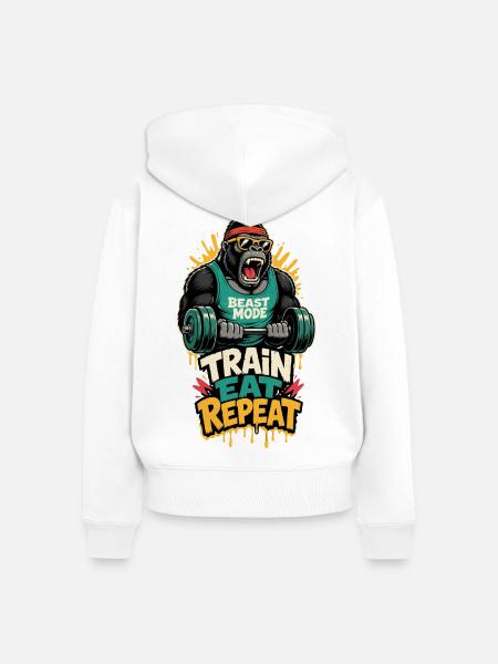 Fitness-Gorilla – Train Eat Repeat - Frauen Premium Bio Zip Hoodie - Weiß