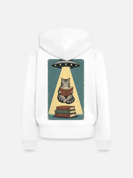 Lesende Katze im UFO Strahl - Frauen Premium Bio Zip Hoodie - Weiß