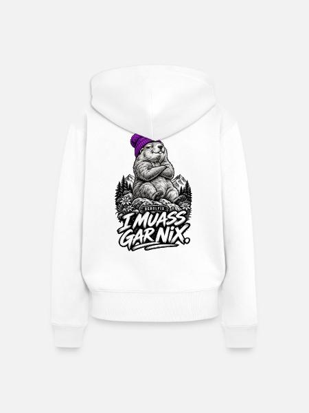 Bergbär mit Lila Mütze – Garnix - Frauen Premium Bio Zip Hoodie - Weiß