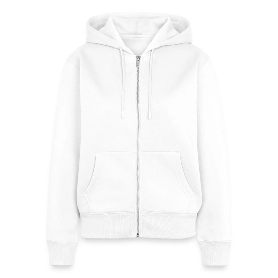 Geneva badge on a women's premium organic zip hoodie, white
