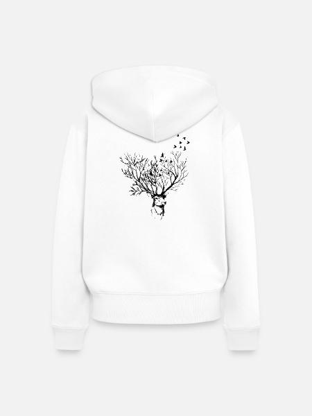 Kunsvoller Hirschkopf mit Vögeln - Frauen Premium Bio Zip Hoodie - Weiß
