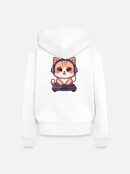 Katze als DJ mit Kopfhörer - Frauen Premium Bio Zip Hoodie - Weiß