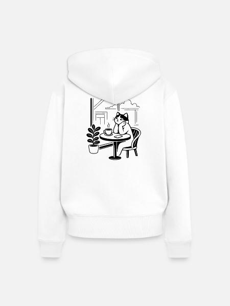Nachdenkliche Katze Café - Frauen Premium Bio Zip Hoodie - Weiß