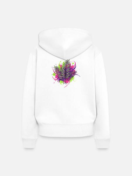 Neon Tropenblatt mit Farbspritzern - Frauen Premium Bio Zip Hoodie - Weiß