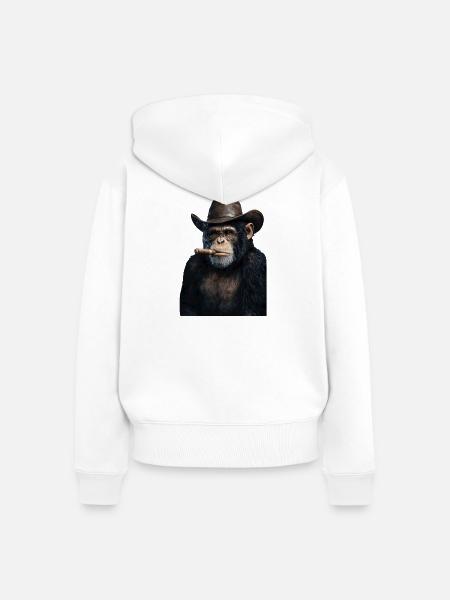 Schimpanse mit Cowboyhut und Zigarre - Frauen Premium Bio Zip Hoodie - Weiß