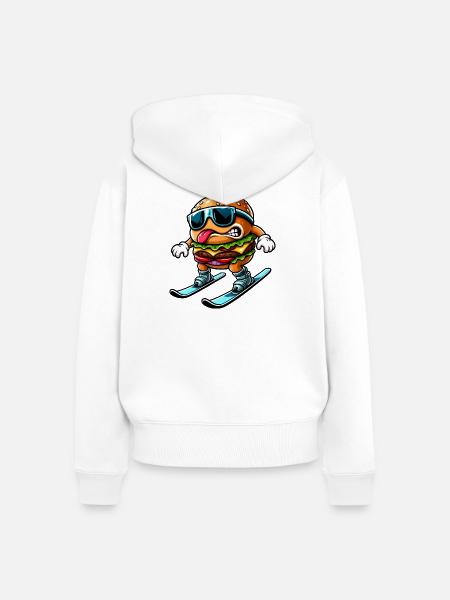 Lustiger Skifahrer mit Cheeseburger Comic - Frauen Premium Bio Zip Hoodie - Weiß