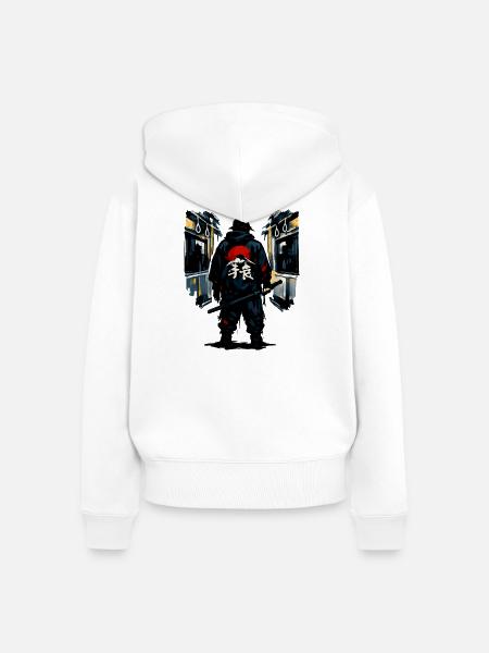 Urban Ninja mit roter Sonne - Frauen Premium Bio Zip Hoodie - Weiß