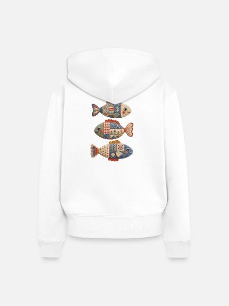 Patchwork Crochet Fish Trio - Frauen Premium Bio Zip Hoodie - Weiß