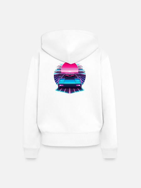 Neon Synthwave Auto am Sonnenuntergang - Frauen Premium Bio Zip Hoodie - Weiß
