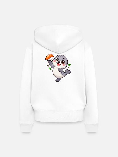 Robbenbaby balanciert einen Lachs Nigiri - Frauen Premium Bio Zip Hoodie - Weiß