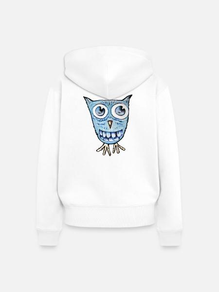 Azurblauer Wide-Eyed Owl Cartoon - Frauen Premium Bio Zip Hoodie - Weiß