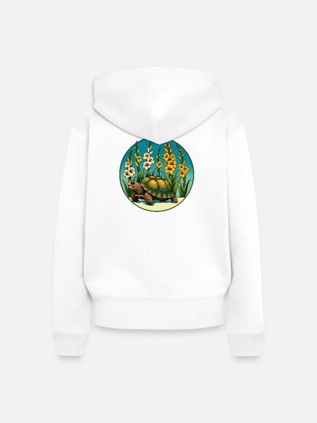 Sonnenbeschienene Schildkröte im Blumenbeet - Frauen Premium Bio Zip Hoodie - Weiß