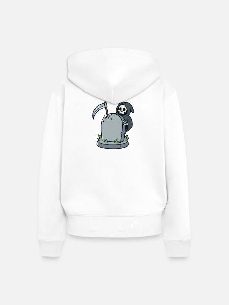 Cartoon-Sensenmann hinter einem Grabstein - Frauen Premium Bio Zip Hoodie - Weiß