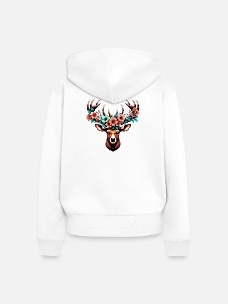 Hirsch mit Blumen - Frauen Premium Bio Zip Hoodie - Weiß