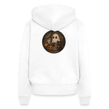 Gemütliches Halloween Szenario mit Geist u Kürbis - Frauen Premium Bio Zip Hoodie - Weiß - Hinten - AI Model Female 172 light (172cm)