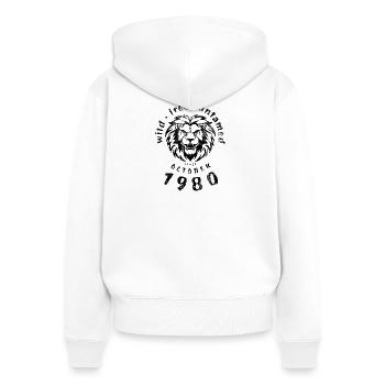 45. Geburtstag Sauvage, libre et indompté depuis 10/1980 - Sweat à capuche zippé Premium bio Femme - blanc - Dos - AI Model Female 172 light (172cm)