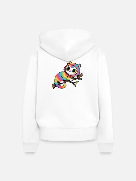 Regenbogen Katze Hoodie am Ast - Frauen Premium Bio Zip Hoodie - Weiß