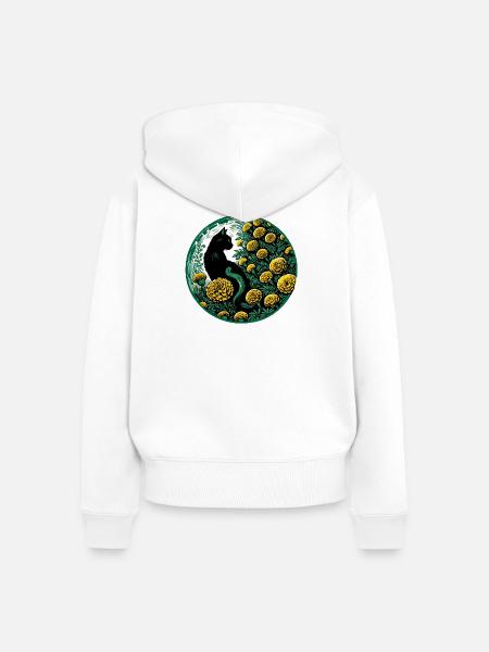 Mitternachtskatze zwischen goldenen Ringelblumen - Frauen Premium Bio Zip Hoodie - Weiß