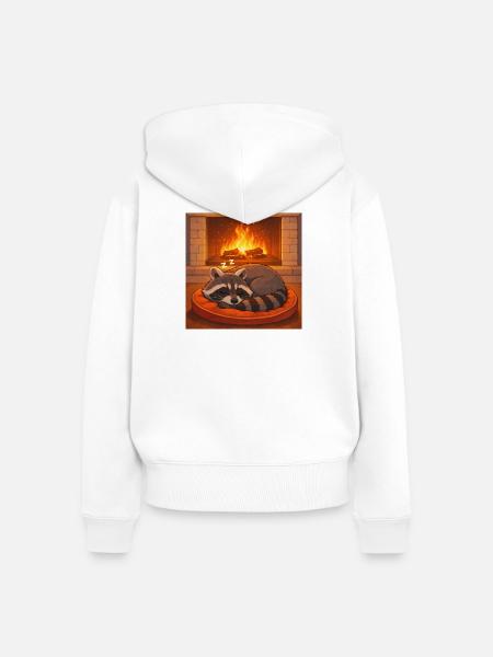 Gemütlicher Waschbär am Kamin - Frauen Premium Bio Zip Hoodie - Weiß