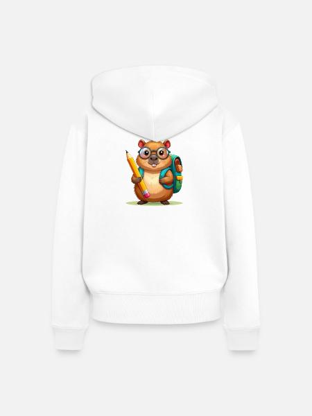 Comic-Biber mit Brille & Schulranzen – Schule - Frauen Premium Bio Zip Hoodie - Weiß