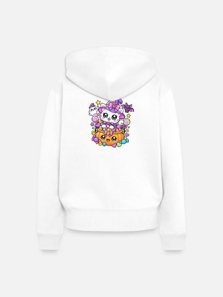 Hexenkatze und Kürbisbonbons - Frauen Premium Bio Zip Hoodie - Weiß