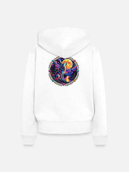 Heulender Wolf im Neon-Mondlicht - Frauen Premium Bio Zip Hoodie - Weiß