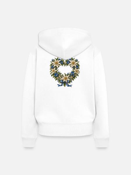 Edelweißherz mit Enzian & blauer Schleife - Frauen Premium Bio Zip Hoodie - Weiß