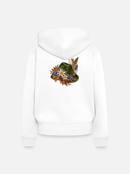 Trachtenhut mit Edelweiß & Federn - Frauen Premium Bio Zip Hoodie - Weiß