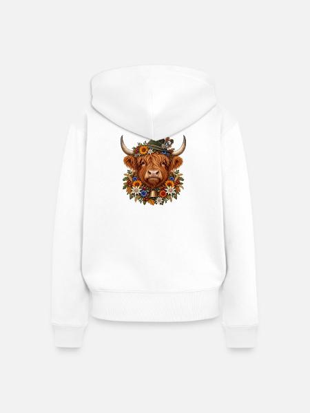 Hochlandrind mit Trachtenhut & Edelweiß - Frauen Premium Bio Zip Hoodie - Weiß