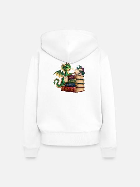 Drachenlesezauber auf Bücherstapel - Frauen Premium Bio Zip Hoodie - Weiß