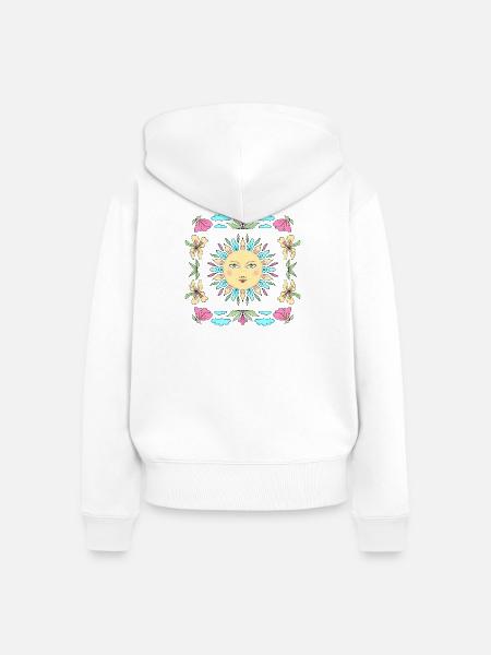 Sonnengesicht im Blumenkreis - Frauen Premium Bio Zip Hoodie - Weiß