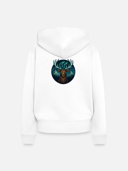 Nachtwald Hirsch mit Nordlicht-Geweih - Frauen Premium Bio Zip Hoodie - Weiß
