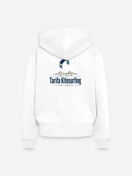 Tarifa Kitesurfing Logo Am Strand - Frauen Premium Bio Zip Hoodie - Weiß