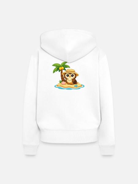Eule im Inselparadies mit Strohhut - Frauen Premium Bio Zip Hoodie - Weiß