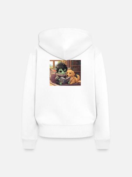 Kleiner Goblin mit Hund und Comic-Book - Frauen Premium Bio Zip Hoodie - Weiß