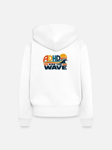 ADHD – Ride the Wave | Retro-Sonne & Welle - Frauen Premium Bio Zip Hoodie - Weiß