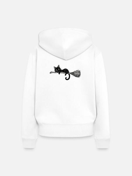 Schwarze Katze auf dem Besen - Frauen Premium Bio Zip Hoodie - Weiß