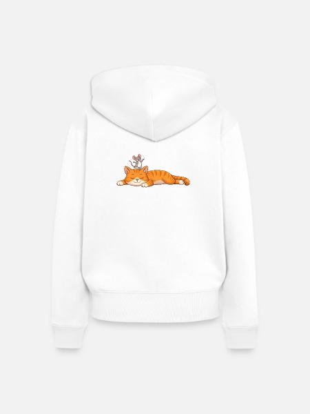Schlafende Katze mit fröhlicher Maus - Frauen Premium Bio Zip Hoodie - Weiß