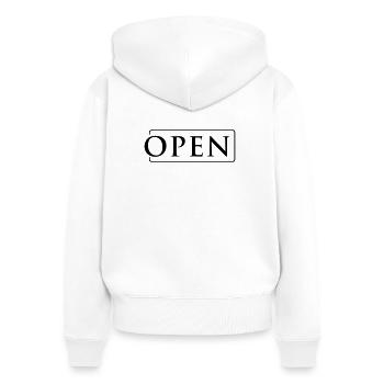 OPEN in frame - Women's Premium Organic Zip Hoodie - white - Back - AI Model Female 172 light (172cm)