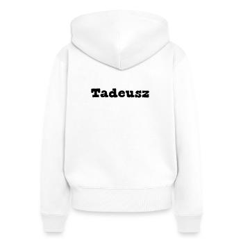 Don du prénom Tadeusz - Sweat à capuche zippé Premium bio Femme - blanc - Dos - AI Model Female 172 light (172cm)