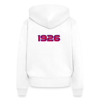 1926 Neon-Rot mit Blauem Umriss - Frauen Premium Bio Zip Hoodie - Weiß - Hinten - AI Model Female 172 light (172cm)