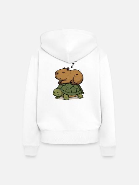 Schlummernder Capybara auf einer Schildkröte - Frauen Premium Bio Zip Hoodie - Weiß