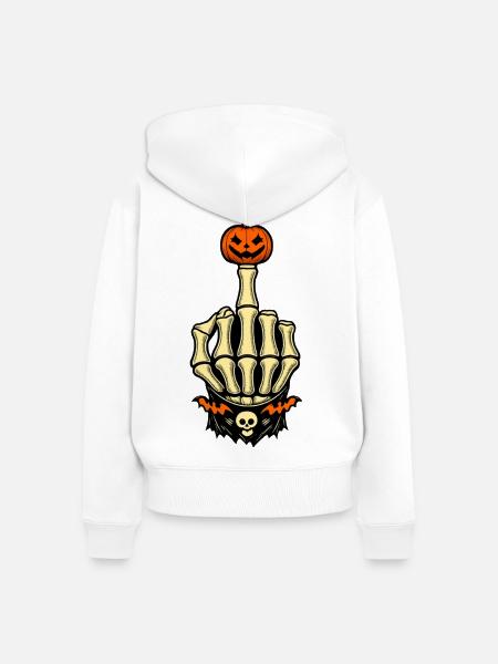 Kürbis Mittelfinger Halloween Skelett - Frauen Premium Bio Zip Hoodie - Weiß