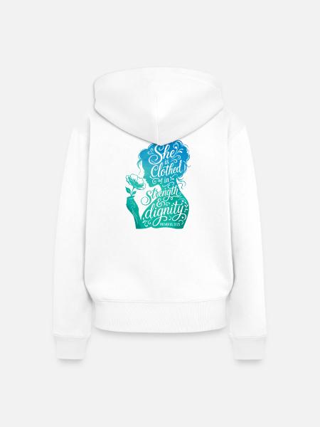 She is clothed in strength & dignity - Frauen Premium Bio Zip Hoodie - Weiß
