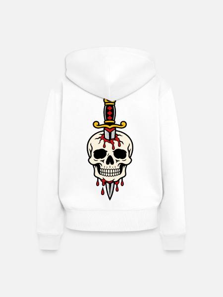 Schädel mit einem Tattoo-Dolch durchbohrt - Frauen Premium Bio Zip Hoodie - Weiß