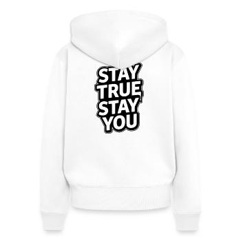 Restez fidèle à vous-même - Restez fidèle, restez vous-même Typographie - Sweat à capuche zippé Premium bio Femme - blanc - Dos - AI Model Female 172 light (172cm)